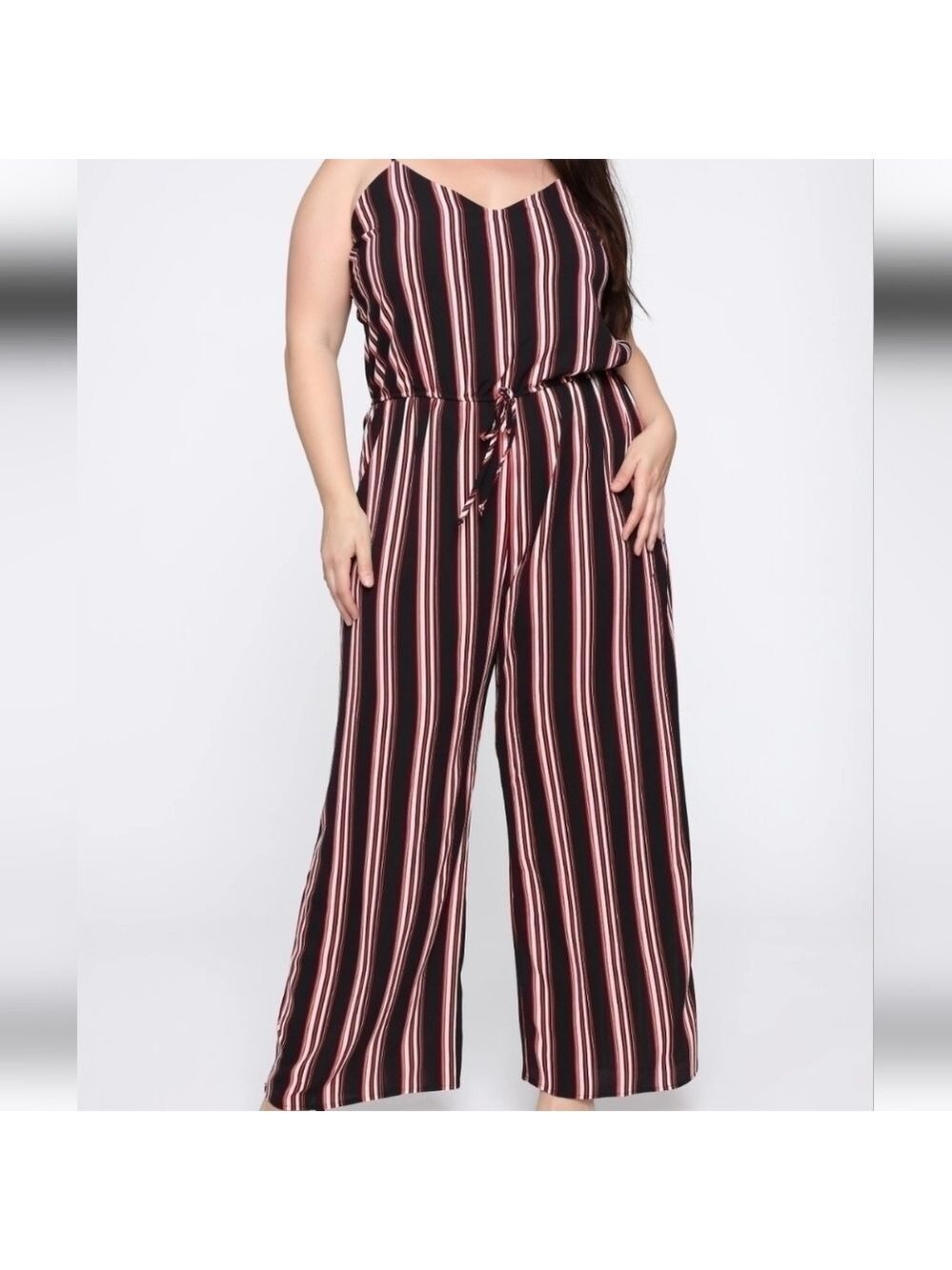 AMBIANCE STRIPED JUMPSUIT Sz: SMALL red black striped bubble crepe wide leg